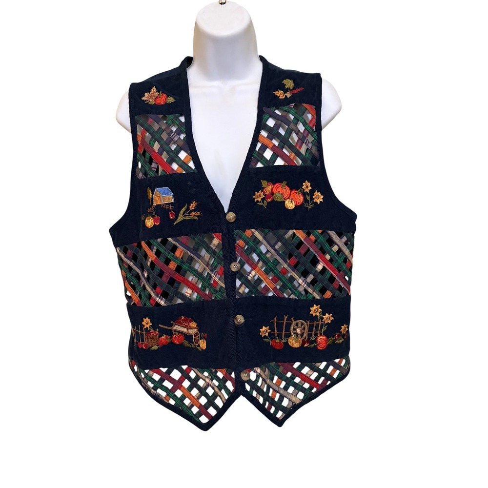 Casey & Max Pumpkin Patch Fall Vest Blue Corduroy Harvest Embroidered Thanksgivi